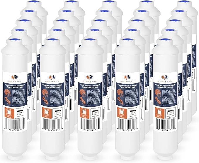 Aquaboon Inline Water Filter for Refrigerator 25-Pack of Inline Post/Carbon Polishing Water Filter Catridge for Reverse Osmosis System Standard Size (Jaco fitting)