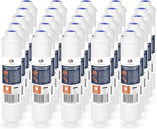 Aquaboon Inline Water Filter for Refrigerator 25-Pack of Inline Post/Carbon Polishing Water Filter Catridge for Reverse Osmosis System Standard Size (Jaco fitting)