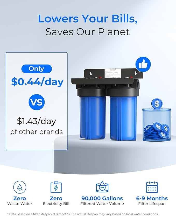 Waterdrop 2 Stage Whole House Water Filter System, with Heavy Metal Sediment Filter, Highly Reduce Mercury, Lead, Iron, Manganese, Chlorine for Well/City Water, WD-WHF21-PBH, 1" Inlet/Outlet