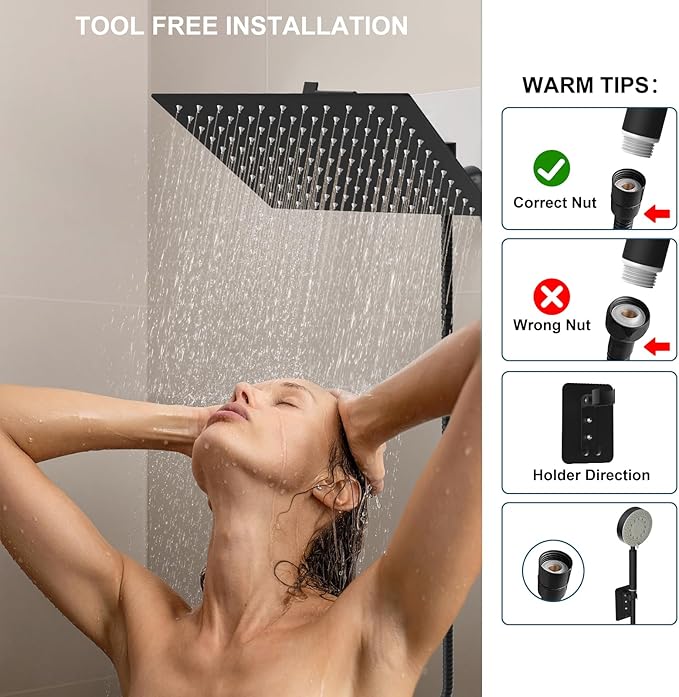 Shower Heads with Handheld Spray Combo 10" Matte Black High Pressure Rain Shower Head 11" Adjustable Extension Arm and 5 Settings Adjustable SUS 304 Handheld Showers, Shower Head Rainfall