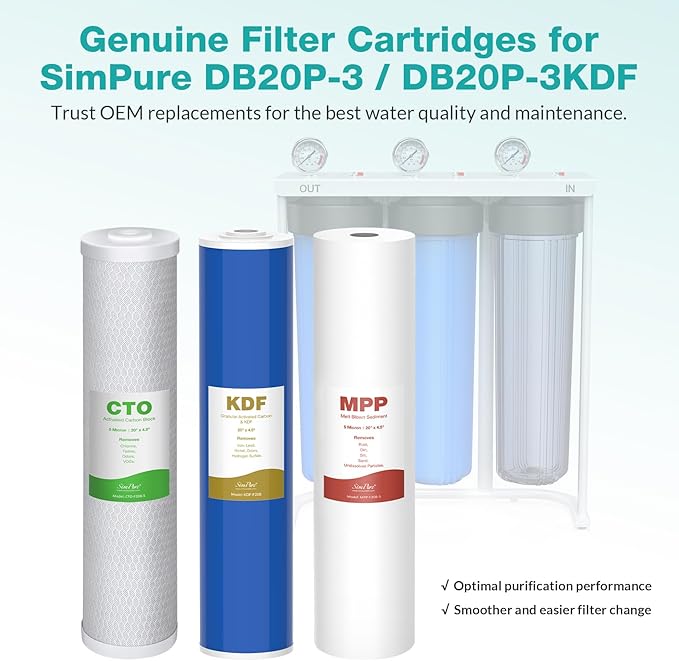 SimPure 3-Stage 20" x 4.5" Sediment Carbon and KDF Whole House Water Filter Set Replacement, 5 Micron Filters for DB20P-3KDF, DB20P and 20-in Filter Housings