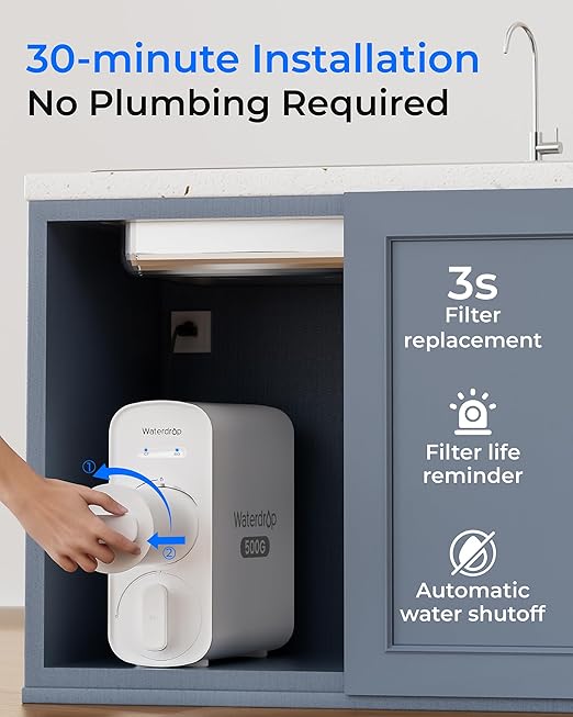 Waterdrop G5P500 Reverse Osmosis Water Filter, NSF/ANSI 372 Certified, 7 Stage Reverse Osmosis System, 500G RO Water Filtration System, 2:1 Pure to Drain, Reduces TDS PFAS, BPA Free