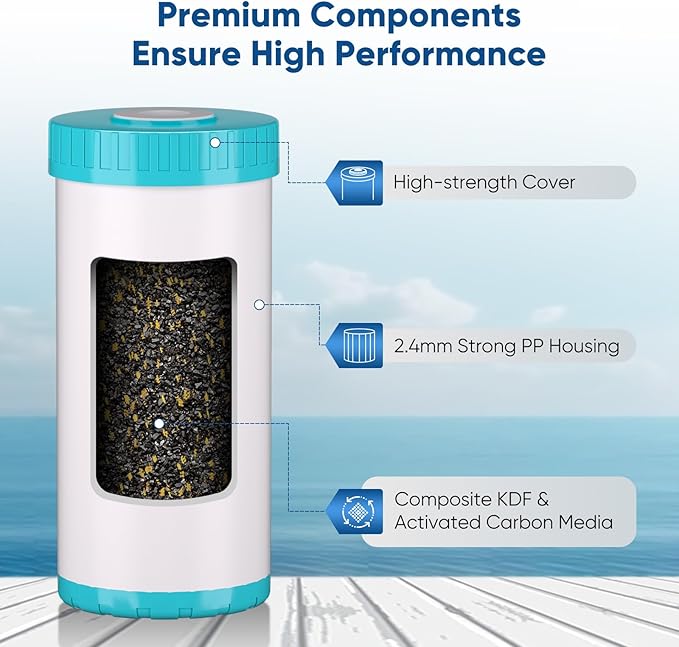 PUREPLUS 5 Micron 4.5"x 10" 2-Stage Whole House Water Filter Cartridge Combo Kit with KDF and Activated Carbon Block Filter, Replacement for WFHDC8001, CB-BB-10, GE FXHTC, GXWH40L, GXWH35F, 1PACK