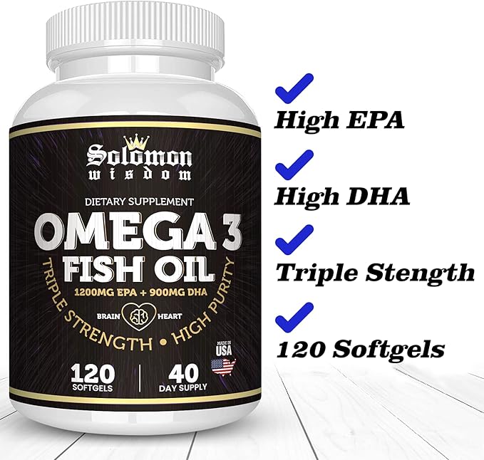 SOLOMON WISDOM Omega 3 Fish Oil - Dietary Supplement for Healthy Heart & Brain - 120 Soft Gel Capsules with High EPA 1200mg & DHA 900mg - Burpless, Odorless with Natural Lemon Flavor