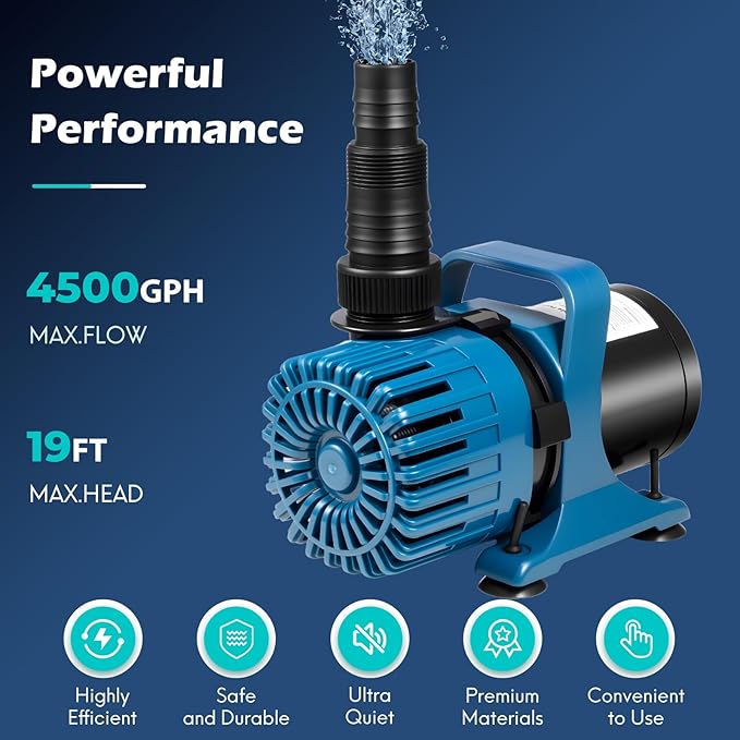 220W 4500GPH Pond Pumps for Outdoor Ponds, 180° Adjustable Water Direction, Pond Water Pump with 20FT Power Cord & Barrier Bag, Ultra-Quiet Fountain Pump, Waterfall Pump, UL Listed