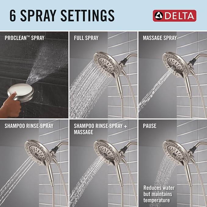Delta 6-Setting In2ition 2-in-1 Dual Shower Head with Handheld High Pressure ProClean Spray, Brushed Nickel Detachable Shower Head with Hose, 1.75 GPM Flow Rate, Satin Nickel 75655SN