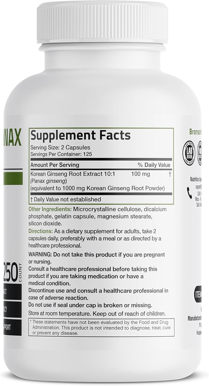 Bronson Korean Panax Ginseng Supports Energy, Endurance & Vitality + Memory and Mental Performance, 250 Capsules