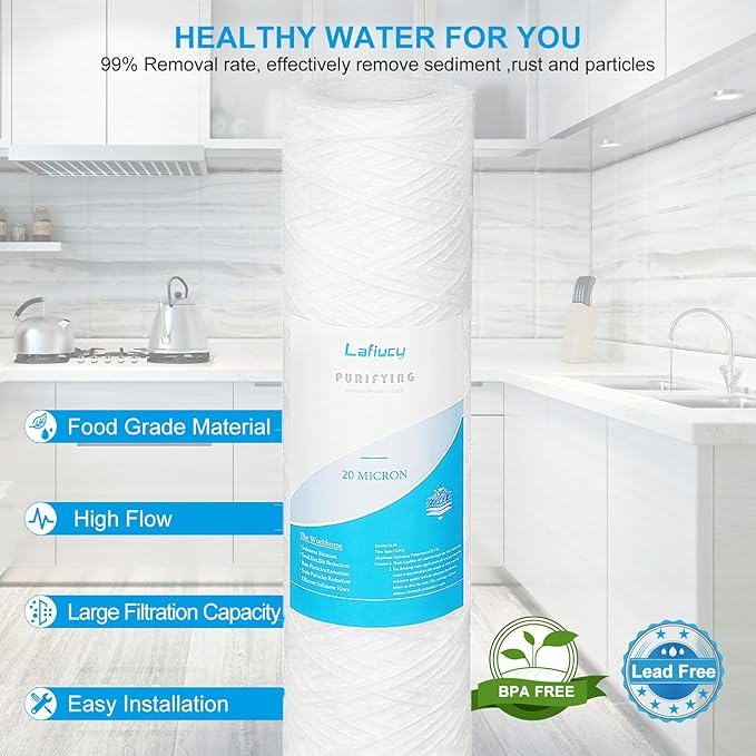 20 Micron 10" x 2.5" String Wound Sediment Water Filter Cartridge,5 Pack,Whole House Sediment Filtration, Universal Replacement for Most 10 inch RO Unit
