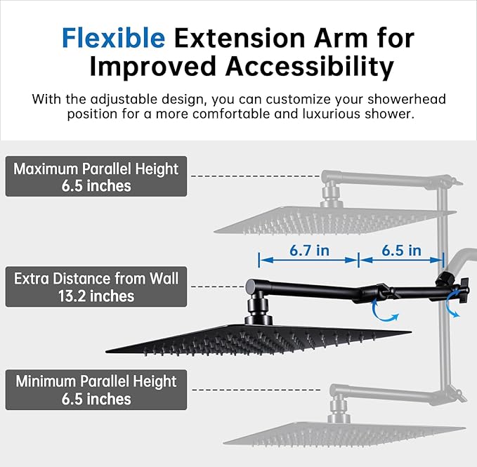 G-Promise All Metal 10 Inches Rainfall Shower Head with Handheld Spray Combo, 3 Settings Diverter, Adjustable Extension Arm with Lock Joints, 71 Inches Stainless Steel Hose (Matte Black)