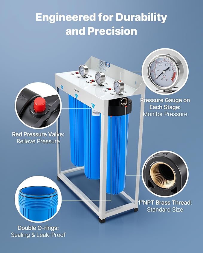 VEVOR Whole House Water Filter System, 3-Stage | Sediment, IMR, CTO | 4.5" x 20" Home Water Purifier Filter Reduce Iron, Manganese, Chlorine, Bad Taste, Odor, Rust