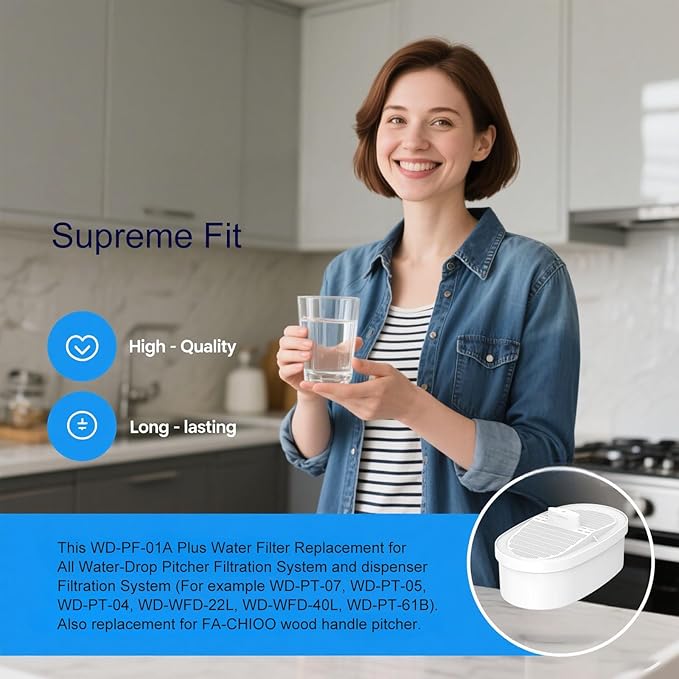 WD-PF-01A Plus Replacement Filters for All Waterdrop Pitcher and Dispenser Filtration Systems, Reduces PFAS, PFOA/PFOS, Chlorine, Last Up to 3 Months or 200 Gallons, 2 Pack