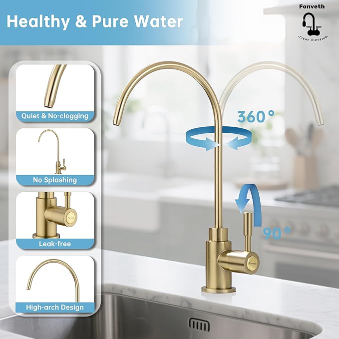 Drinking Water Faucet, Reverse Osmosis Brushed Gold Single Handle Solid Brass Kitchen Bar Sink Drinking Water Faucet Filtration Non-Air Gap Non-Air Gap