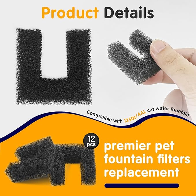 12-Pack Cat Water Fountain Foam Filters - Pet Filter Replacement for 135oz/4L and 118oz/3.5L Dog Drinking Fountain - Universal Black