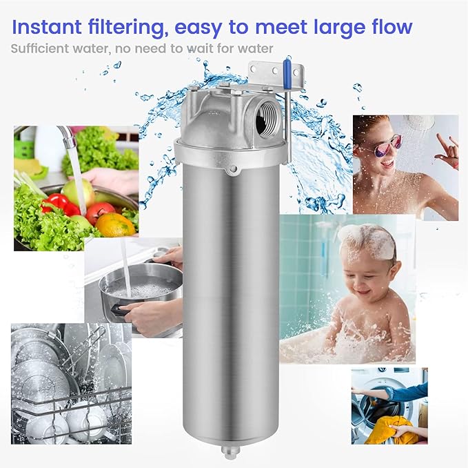 Amwater NSF/ANSI 42 Stainless Steel Whole House Water Filter Housing, 10" x 2.5" Sediment Water Filter System for Heavy Duty, Well & City Water, 1" NPT Port, Drain Valve Style C