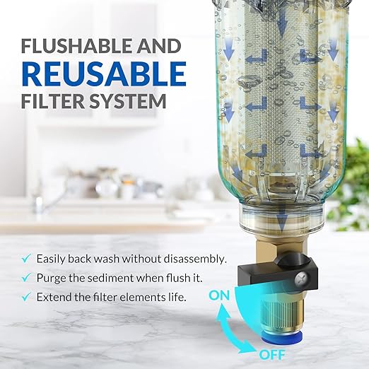 SimPure 100/500 Micron Spin Down Sediment Filter, Reusable Whole House Sediment Water Filter, Pre-Filtration System for City/Well water, 1" MNPT + 3/4" FNPT + 3/4"MNPT, BPA Free