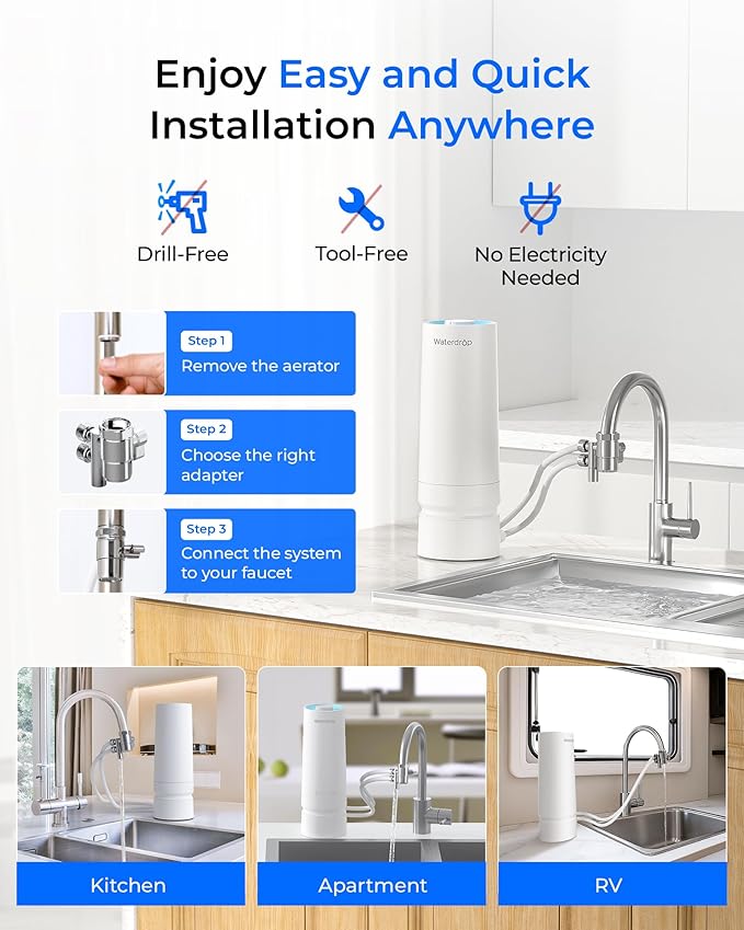 [Ultra Filtration] Waterdrop Water Filter for Sink Faucet, 4000 Gallons Countertop Water Filter System, Filter Life Reminder, 0.01μm Ultra-Filtration System, Reduces 99% Chlorine, WD-CTF-08 (1 Filter)