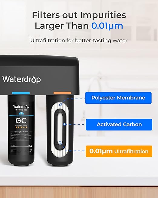Waterdrop TSB-UF 0.01 μm Ultra Filtration Under Sink Water Filter System, 9 Layer Under Sink Water Filtration System, Reduces Chlorine, Fluoride, Taste and Odor, with A Separate Faucet, Quick Change