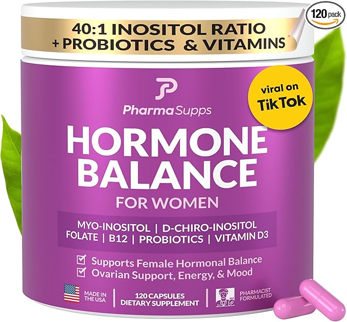 Hormone Balance for Women, Myo-Inositol & D-Chiro Inositol Supplement 40:1 Ratio w/Folic Acid for Hormonal Balance, B12 & Probiotics - 120 Count