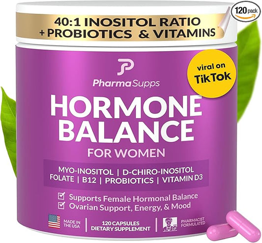 Hormone Balance for Women, Myo-Inositol & D-Chiro Inositol Supplement 40:1 Ratio w/Folic Acid for Hormonal Balance, B12 & Probiotics - 120 Count