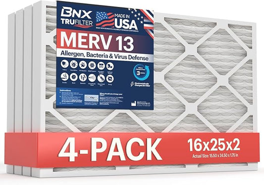 BNX TruFilter 16x25x2 Air Filter MERV 13 (4-Pack) - MADE IN USA - Electrostatic Pleated Air Conditioner HVAC AC Furnace Filters for Allergies, Pollen, Mold, Bacteria, Smoke, Allergen, MPR 1900 FPR 10