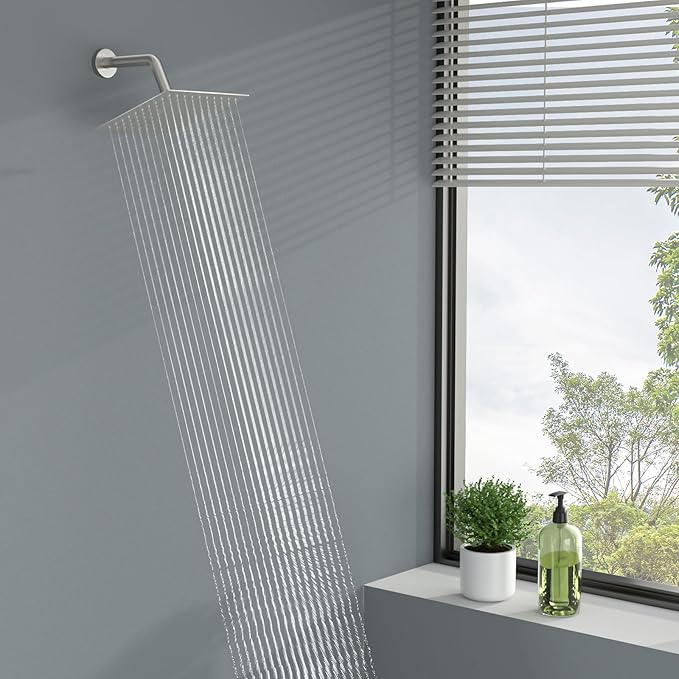 Lordear Rain Shower Head 6 Inch Solid Ultra Thin 304 Stainless Steel Adjustable Square Rainfall Shower Head Waterfall Full Body Coverage with Silicone Nozzle 6” Waterfall Showerhead,Brushed Nickel