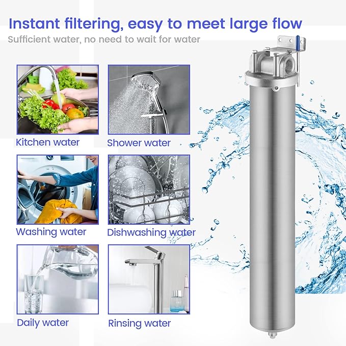 Amwater NSF/ANSI 42 Certification Stainless Steel Filter Housing for 10"/ 20" Filter Cartridge, 3/4" NPT Water Filter Housing for Whole House Water Purification of Stainless Steel 304 (20" C Housing)