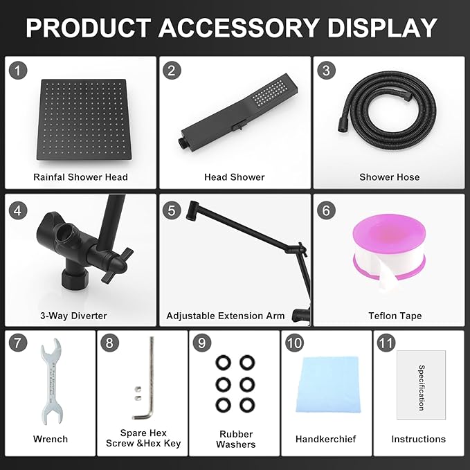All Metal 10 Inch Rain Shower Head with Handheld Spray Combo, High Pressure Waterfall Rainfall Square Shower Heads with 16" Adjustable Extension Arm, Dual Showerhead with 3-Way Diverter, Matte Black