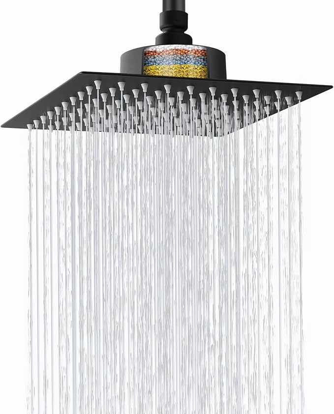 High Pressure Rain Shower Head with Filtered - 8" All Metal Square Showerhead Filter for Remove Chlorine and Harmful Substances, Matte Black