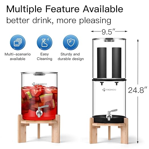 Gravity-Fed Water Filter System, 2.25G Glass Countertop System with 2 Black Purification Filter, Metal Spigot and Stand, NSF/ANSI 42 Certification, Reduces up to 99% of Chlorine