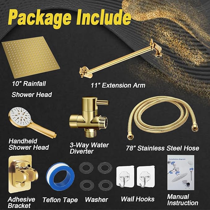 Shower Head, 10" High Pressure Rain shower head with Handheld Spray Combo, 6 Settings Handheld with 78" Anti-leak Hose, 11" Adjustable Extension Arm, Ultra Thin Water Saving, Gold, AWAXFOLO