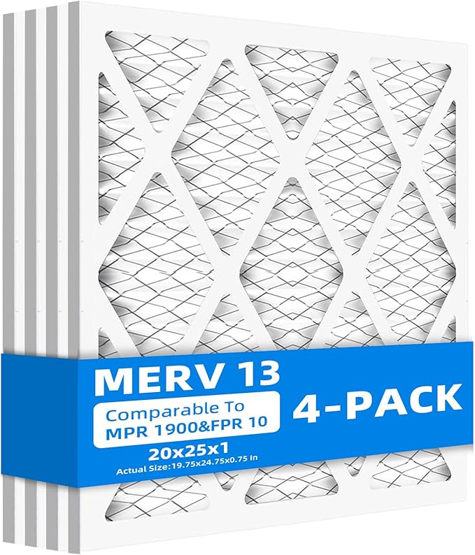 (4 Pack) 20x24x1 Furnace Air Filters, MPR 1900 & FPR 10, MERV 13 Pleated Air Filter (Actual Size: 19.75" x 23.75" x 0.75")