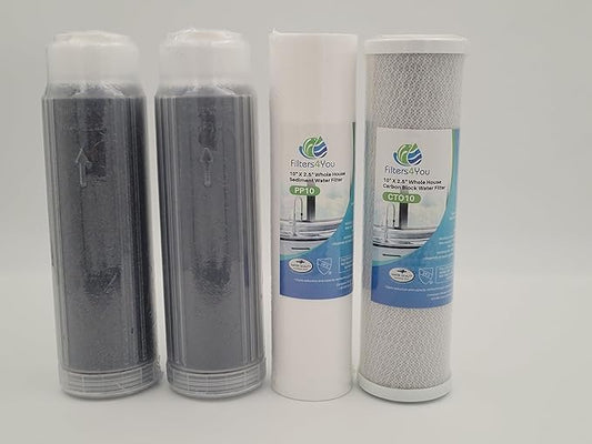 – 4 Pack Replacement Water Filter Set Includes Sediment, Carbon Block, Color-Indicating Mix-Bed DI Resin Cartridges Compatible with FS-MAK-CB Models – RO/DI System Replacement Filter Set