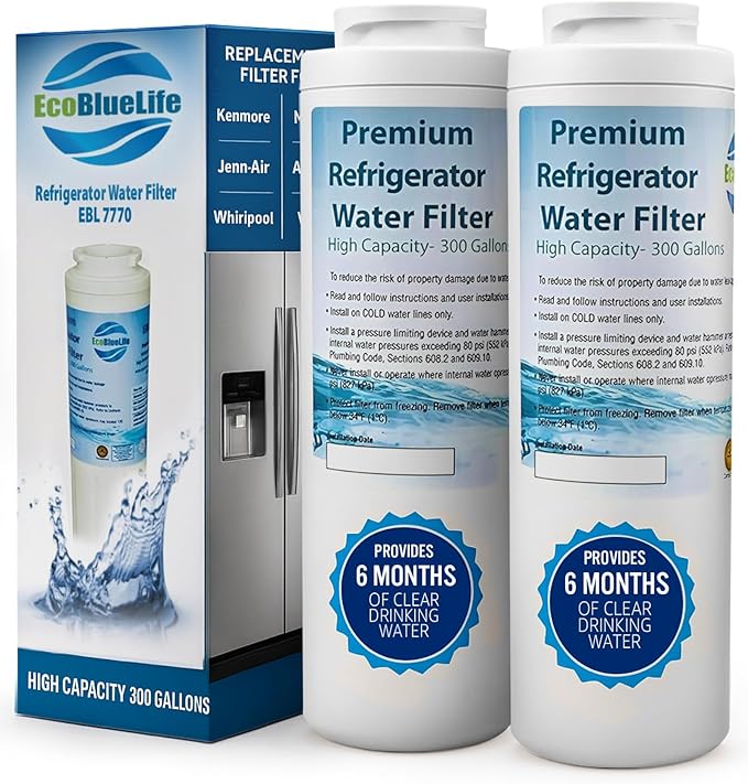 EcoBlueLife Refrigerator Water Filter Replacement - Certified for Chlorine Reduction & Lead-Free Compliance Water Filter for Fridge Compatible with Amana, Maytag Pur, UKF8001, EDR4RXD1 & More Models