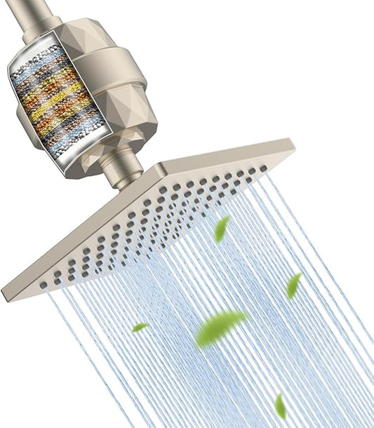 Hibbent Metal Filtered Shower Head, 6'' High Pressure RainShower Head, 20 Stage Shower Filter for Hard Water Softener, Bathroom Rainfall Shower Head to Remove Chlorine and Heavy Metal, Brushed Nickel