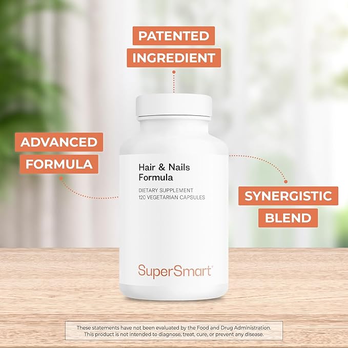 SuperSmart - Hair & Nails Formula - Patented Solubilized Keratine Supplement - with Biotin, Bamboo Extract, MSM, Cynatine HNS Keratin | Non-GMO & Gluten Free - 120 Vegetarian Capsules
