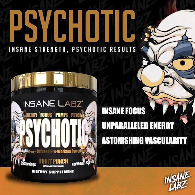 Insane Labz Psychotic Gold, High Stimulant Pre Workout Powder, Extreme Lasting Energy Focus, Pumps and Endurance with Beta Alanine, DMAE Bitartrate, NO Booster (35 Servings, Watermelon)