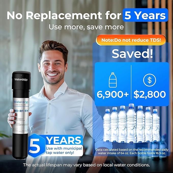 Waterdrop UA-5Y 𝟓 𝐘𝐞𝐚𝐫𝐬 Under Sink Water Filter System, Ultra Long Life, Reduces Lead, Chlorine, Bad Taste & Odor, Water Filter for Sink Faucet Direct Connect to Kitchen Faucet, USA Tech