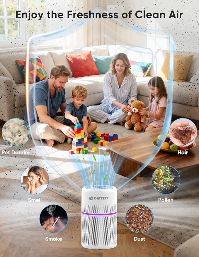 Air Purifiers for Bedroom with 7 Color Light, DAYETTE Smart Wifi H13 Air Purifier for Home Large Room Up to 1500 Ft², APP Control & 20 dB Sleep Mode for Dust Pollen Dander Smoke