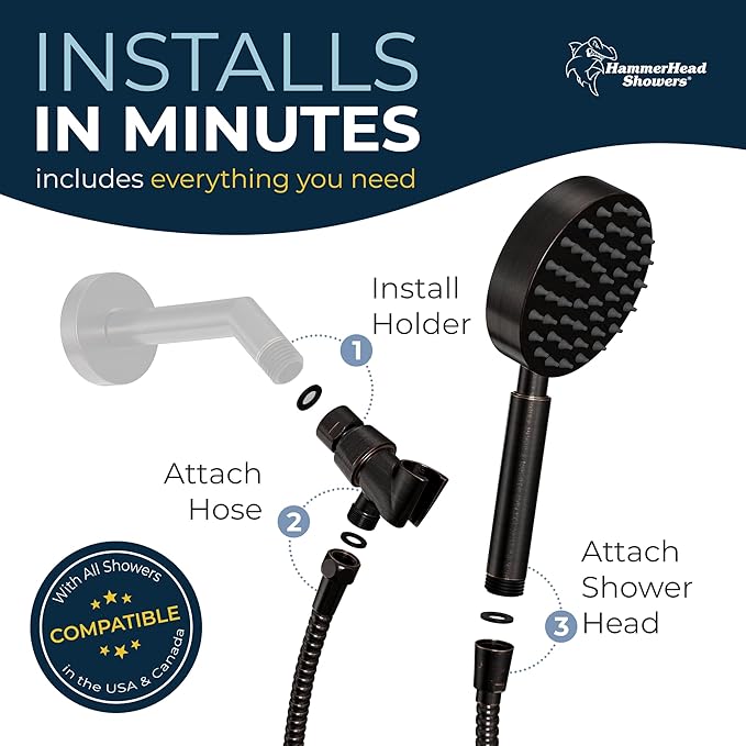 HammerHead Showers® Solid Metal LOW FLOW Handheld Shower Head with Hose and Brass Holder - OIL RUBBED BRONZE – Water Saving 1.75 GPM Detachable Shower Head - Adjustable Shower Wand Bracket & 6ft Hose