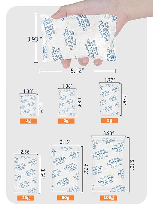 100 Gram 10 Pcs (Color-Indicating) Silica Gel Packets, Premium Food Grade Desiccant, Rechargeable Moisture Absorbers for Car, Storage Bins, Suitcase, Safe, 3D Filaments, Electronics