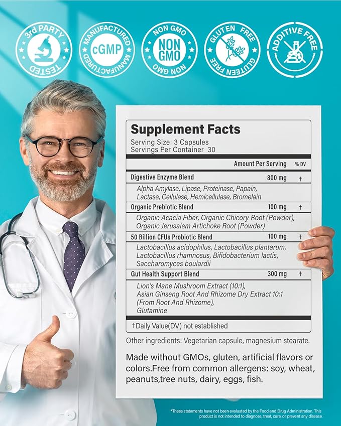 Digestive Enzymes for Men and Women with Probiotics & Organic Prebiotics for Bloating & Gas Relief - 800mg Formula with Gut Repair Glutamine & Lion's Mane, Non-GMO | 90 Capsules