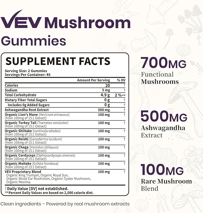 VEV Mushroom Gummies for Adults - 12x Mushroom Supplement with Lions Mane, Reishi, Cordyceps, and Turkey Tail - Ashwagandha - 90 Vegan Gummies
