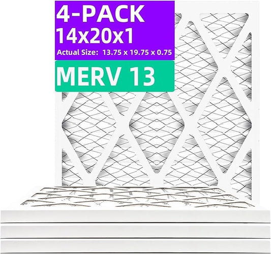 14x20x1 MERV 13 (4-Pack) Pleated Air Filter (Actual Size: 13.75"x19.75"x0.75") MPR 1900 & FPR 10, Furnace Air Filters, 14x20x1 air filter