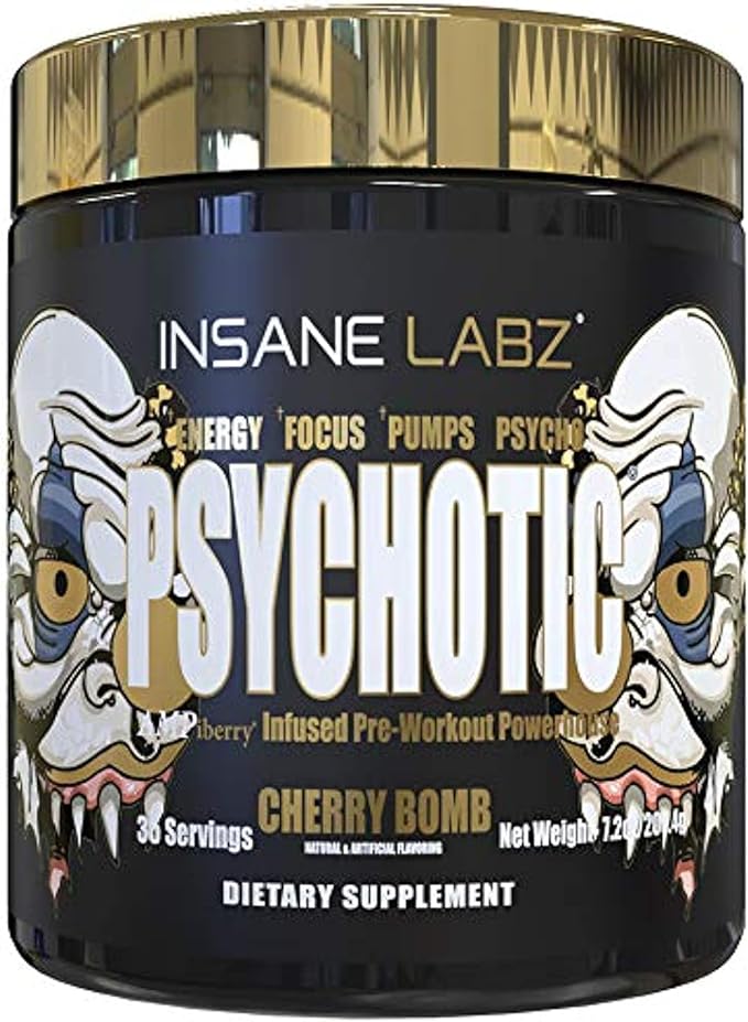 Insane Labz Psychotic Gold, High Stimulant Pre Workout Powder, Extreme Lasting Energy Focus, Pumps and Endurance with Beta Alanine, DMAE Bitartrate, NO Booster (35 Servings, Cherry Bomb)