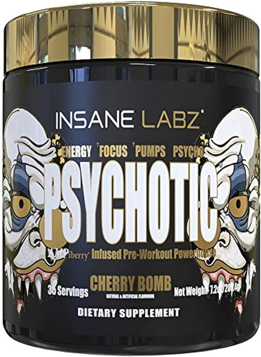 Insane Labz Psychotic Gold, High Stimulant Pre Workout Powder, Extreme Lasting Energy Focus, Pumps and Endurance with Beta Alanine, DMAE Bitartrate, NO Booster (35 Servings, Cherry Bomb)