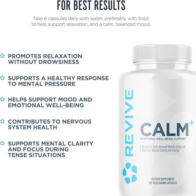 Revive MD Calm, Emotional Well-Being Support Supplement - Stress Management for Men & Women - Mood Enhancement Supplement Promotes Relaxation with L-Theanine, GABA & 5-HTP - 180 Capsules