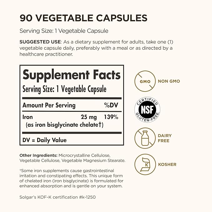 Solgar Gentle Iron 25mg, 90 Vegetable Capsules - Energy, Normal Red Blood Cell Production - Gentle on the Stomach - Non-GMO, Vegan, Gluten Free, Dairy Free, Kosher - 90 Servings