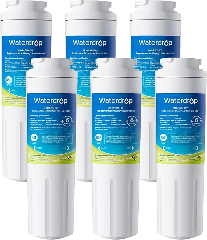 Waterdrop EDR4RXD1 Replacement for EveryDrop® Filter 4, Whirlpool® UKF8001, 4396395, Maytag® UKF8001AXX-200, UKF8001AXX-750, WD-F07, Refrigerator Water Filter, 6 Filters (Package May Vary)