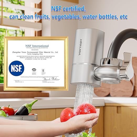 Faucet Filter, NSF Certified, 400 Gallon High Efficiency Water Purification System, Fast 99% Chlorine & Odor Removal, Modern Simple Silver with 1 Water Filter（T1-Silver）