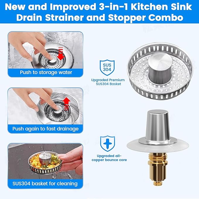 2025 Upgraded 3-in-1 Kitchen Sink Drain Strainer Stopper |Rust-Proof Strainer Basket |Universal Fit for Standard 3.5" Drains |Anti-Clog&Odor Filter |Efficient Drainage (Stainless Steel, 4 PCS)